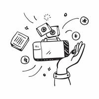 Person with Magic Suitcase and Floating Travel Icons concept as A person holding a magic suitcase with floating travel icons set against a Cleans background providing space for text Cleans vector