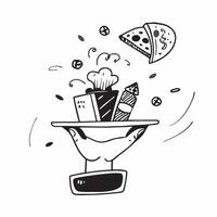 Person with Magic Tray and Floating Food concept as A person holding a magic tray with floating food items set against a Cleans background providing space for text or graphics symbo Cleans vector
