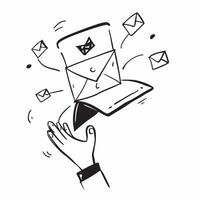 Person with Magic Laptop and Floating Emails concept as A person holding a magic laptop with floating emails set against a blank background offering space for text or graphics symb Cleans vector