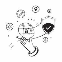 Person with Magic Shield and Floating Security Icons concept as A person holding a magic shield with floating security icons set against a Cleans background providing space for text Cleans vector