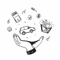 Person with Magic Car and Floating Service Icons concept as A person holding a magic car with floating service icons set against a Cleans background providing space for text or grap Cleans vector