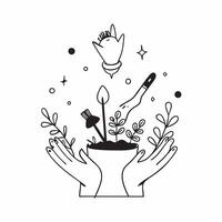 Person with Magic Garden Tools and Floating Plants concept as A person holding magic garden tools with floating plants set against a blank background offering space for text or gra Cleans vector