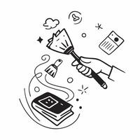 Person with Magic Broom and Floating Cleansing Supplies concept as A person holding a magic broom with floating Cleansing supplies set against a blank background offering space for t Cleans vector