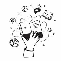 Person with Magic Book and Floating Learning Icons concept as A person holding a magic book with floating learning icons set against a blank background offering space for text or g Cleans vector