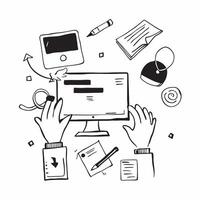 Person with Computer and Office Supplies for IT Service concept as A person using a computer with office supplies around set against a blank background providing space for text or Cleans vector