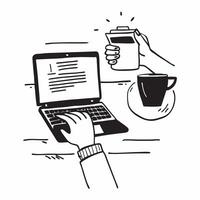 Person with Coffee Cup and Laptop for Office Service concept as A person holding a coffee cup and using a laptop set against a blank background providing space for text or graphics Cleans Set 2 vector