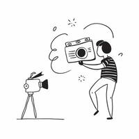 Person with Camera and Tripod for Photography Service concept as A person holding a camera and tripod set against a Cleans background offering space for text or graphics symbolizing Cleans vector