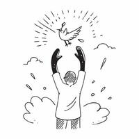 Person with arms raised towards the sky and a soaring bird with copy space concept as A person with arms raised towards the sky accompanied by a soaring bird symbolizing freedom a Cleans vector
