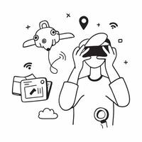 Person with a travel drone panoramic camera and GPS overlay symbolizing aerial travel technology with copy space concept as A person intertwined with a travel drone panoramic came Cleans vector