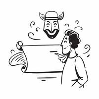 Person with a traditional theater performance script and mask overlay symbolizing performing arts cultural travel with copy space concept as A person intertwined with a traditiona Cleans vector