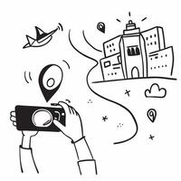 Person with a travel camera historical town and wireless mouse overlay symbolizing historical remote work with copy space concept as A person intertwined with a travel camera hist Cleans vector