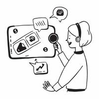 Person with a tablet and voice search icons overlay symbolizing voice search marketing with copy space concept as A person intertwined with a tablet and voice search icons represe Cleans vector