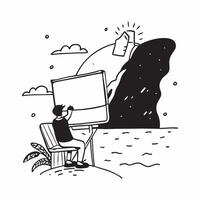Person with a tablet coastal cliffs and foldable chair overlay symbolizing coastal cliff remote work with copy space concept as A person intertwined with a tablet coastal cliffs a Cleans vector