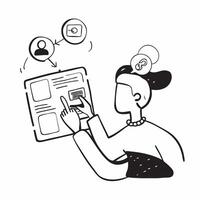 Person with a tablet and user generated content UGC overlay symbolizing UGC marketing with copy space concept as A person intertwined with a tablet and UGC icons representing the Cleans vector