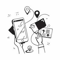 Person with a smartphone map and travel app overlay symbolizing the tech savvy traveler with copy space concept as A person intertwined with a smartphone map and travel app repres Cleans vector