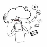 Person with a tablet and cloud computing icons overlay symbolizing cloud marketing with copy space concept as A person intertwined with a tablet and cloud computing icons represen Cleans vector
