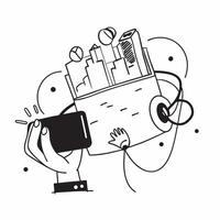 Person with a tablet city skyline and headset overlay symbolizing urban digital work with copy space concept as A person intertwined with a tablet city skyline and headset represe Cleans vector