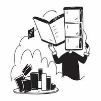 Person with a tablet urban library and foldable table overlay symbolizing library based work with copy space concept as A person intertwined with a tablet urban library and foldab Cleans vector