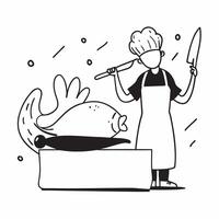 Person with a roasted turkey and carving knife overlay symbolizing Thanksgiving feast preparation with copy space concept as A person intertwined with a roasted turkey and carving Cleans vector