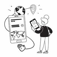 Person with a smartphone world map and boarding pass overlay symbolizing mobile travel planning with copy space concept as A person intertwined with a smartphone world map and boa Cleans vector