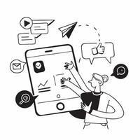 Person with a smartphone and mobile marketing icons overlay symbolizing mobile marketing with copy space concept as A person intertwined with a smartphone and mobile marketing ico Cleans vector