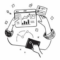 Person with a tablet and analytics graphs overlay symbolizing analytics and data driven marketing with copy space concept as A person intertwined with a tablet and analytics graph Cleans vector