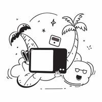 Person with a portable Wi Fi tropical beach and e book reader overlay symbolizing beach tech travel with copy space concept as A person intertwined with a portable Wi Fi tropical Cleans vector