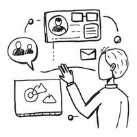 Person with a smartphone and customer relationship management CRM icons overlay symbolizing CRM marketing with copy space concept as A person intertwined with a smartphone and CRM Cleans vector