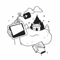 Person with a smartphone alpine cabin and pocket Wi Fi overlay symbolizing alpine remote work with copy space concept as A person intertwined with a smartphone alpine cabin and po Cleans vector