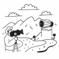 Person with a panoramic camera rolling hills and dolly overlay symbolizing landscape timelapse with copy space concept as A person intertwined with a panoramic camera rolling hill Cleans vector