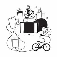 Person with a notebook city bike and smartphone stand overlay symbolizing city based nomadism with copy space concept as A person intertwined with a notebook city bike and smartph Cleans vector