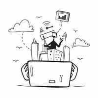 Person with a laptop cityscape and travel router overlay symbolizing cityscape remote work with copy space concept as A person intertwined with a laptop cityscape and travel route Cleans vector