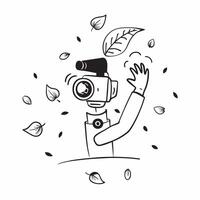 Person with a mirrorless camera falling leaves and gimbal overlay symbolizing autumn timelapse with copy space concept as A person intertwined with a mirrorless camera falling lea Cleans vector
