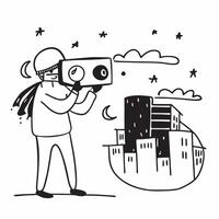 Person with a mirrorless camera night city and intervalometer overlay symbolizing urban night timelapse with copy space concept as A person intertwined with a mirrorless camera ni Cleans vector