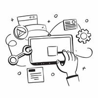 Person with a laptop and SEO tools overlay symbolizing search engine optimization with copy space concept as A person intertwined with a laptop and SEO tools representing the conc Cleans vector