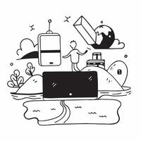 Person with a laptop riverboat and mobile router overlay symbolizing riverboat remote work with copy space concept as A person intertwined with a laptop riverboat and mobile route Cleans vector