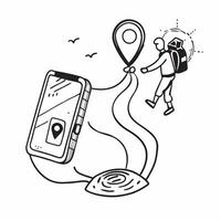 Person with a GPS watch hiking trail and smartphone overlay symbolizing tech guided travel with copy space concept as A person intertwined with a GPS watch hiking trail and smartp Cleans vector