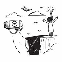 Person with a drone coastal cliffs and editor overlay symbolizing drone enhanced travel with copy space concept as A person intertwined with a drone coastal cliffs and Cleans vector