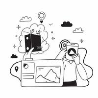 Person with a digital camera scenic view and cloud storage overlay symbolizing tech enhanced travel photography with copy space concept as A person intertwined with a digital came Cleans vector