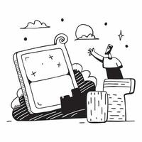 Person with a digital notebook ancient ruins and portable translator overlay symbolizing historical tech savvy travel with copy space concept as A person intertwined with a digita Cleans vector
