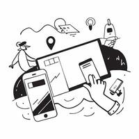 Person with a digital planner coastal village and portable charger overlay symbolizing coastal village remote work with copy space concept as A person intertwined with a digital p Cleans vector