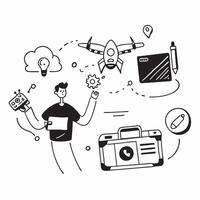 Person with a camera drone GPS and travel blog overlay symbolizing the tech savvy explorer with copy space concept as A person intertwined with a camera drone GPS and travel blog Cleans vector