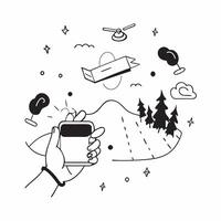 Person with a camera drone forest trail and smart wristband overlay symbolizing trail remote work with copy space concept as A person intertwined with a camera drone forest trail Cleans vector