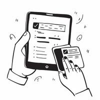 Person Using Loan Management App on Tablet concept as A person using a loan management app on their tablet with a plain background offering ample space for text or graphics in Pho Cleans vector