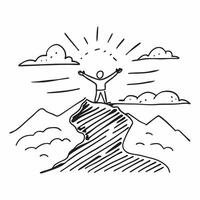Person standing on a mountain peak with open arms with copy space concept as A person standing triumphantly on a mountain peak with open arms symbolizing freedom achievement and l Cleans vector