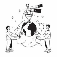 People with Watercolor Earth and Technology Integration concept as A group of people integrating technology with a watercolor earth model set against a whimsical background offerin Cleans Set 2 vector