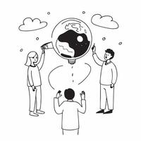 People with Watercolor Earth and Service Mind Projects concept as A group of people developing service mind projects with a watercolor earth model set against a dreamy background o Cleans Set 3 vector