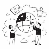 People with Watercolor Earth and Digital Service Solutions concept as A group of people discussing digital service solutions with a watercolor earth model set against a dreamy back Cleans vector