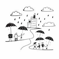 People with Umbrellas and Rainy Cityscape concept as A group of people with colorful umbrellas walking through a rainy cityscape set against a whimsical background offering ample s Cleans vector