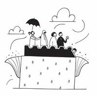 People with Umbrellas and Rooftop Views concept as A group of people with umbrellas enjoying rooftop views during a rain shower set against a whimsical background offering ample sp Cleans vector